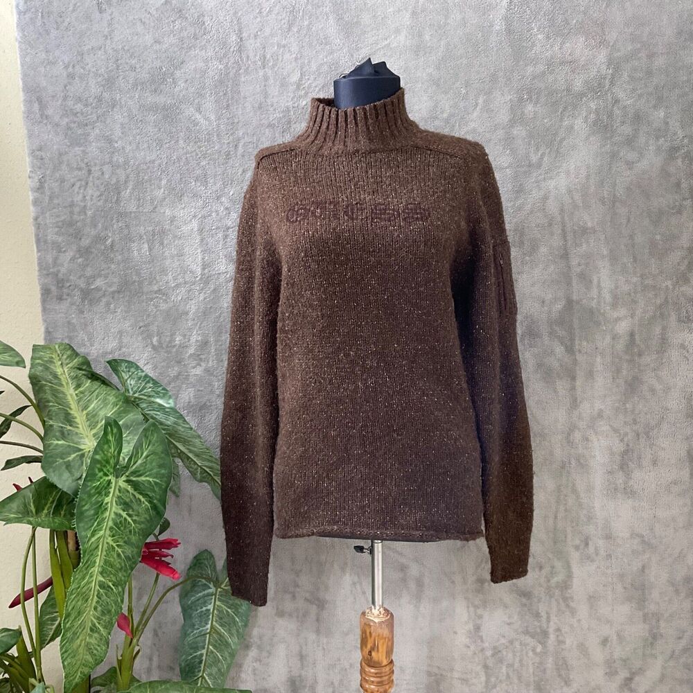 Guess Mock neck spell out Logo Sweater women’s S Brown long sleeve 80’s style